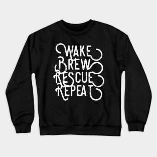 Wake Brew Rescue Repeat black distressed text design for coffee and animal rescue lovers Crewneck Sweatshirt